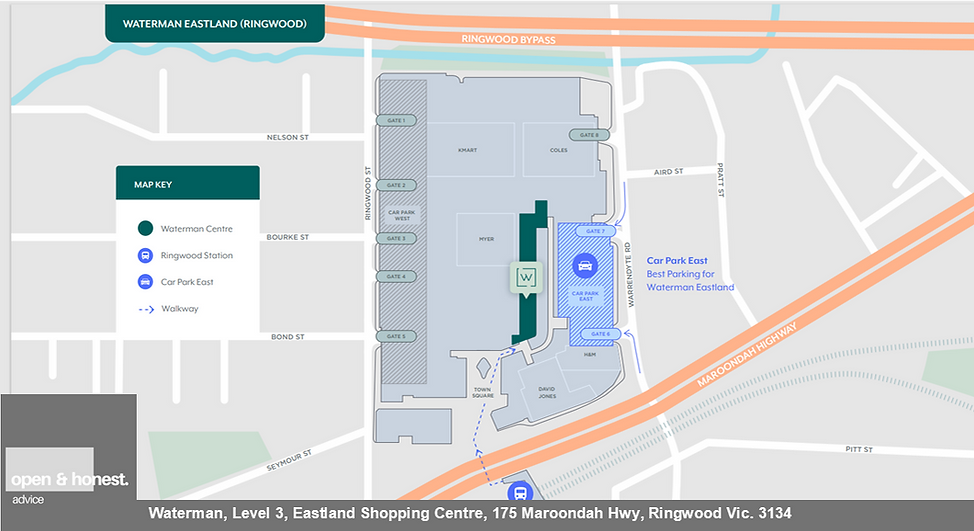 Waterman Eastland Ringwood parking and access map